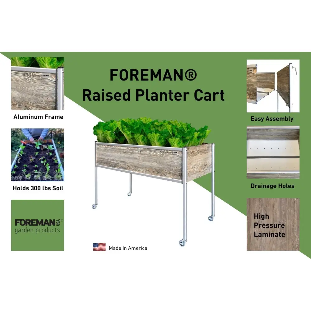 Foreman Raised Garden Bed on Wheels – Weather-Resistant Raised Garden Bed (48" x 24" x 32") with Drainage, Ideal Raised Garden B