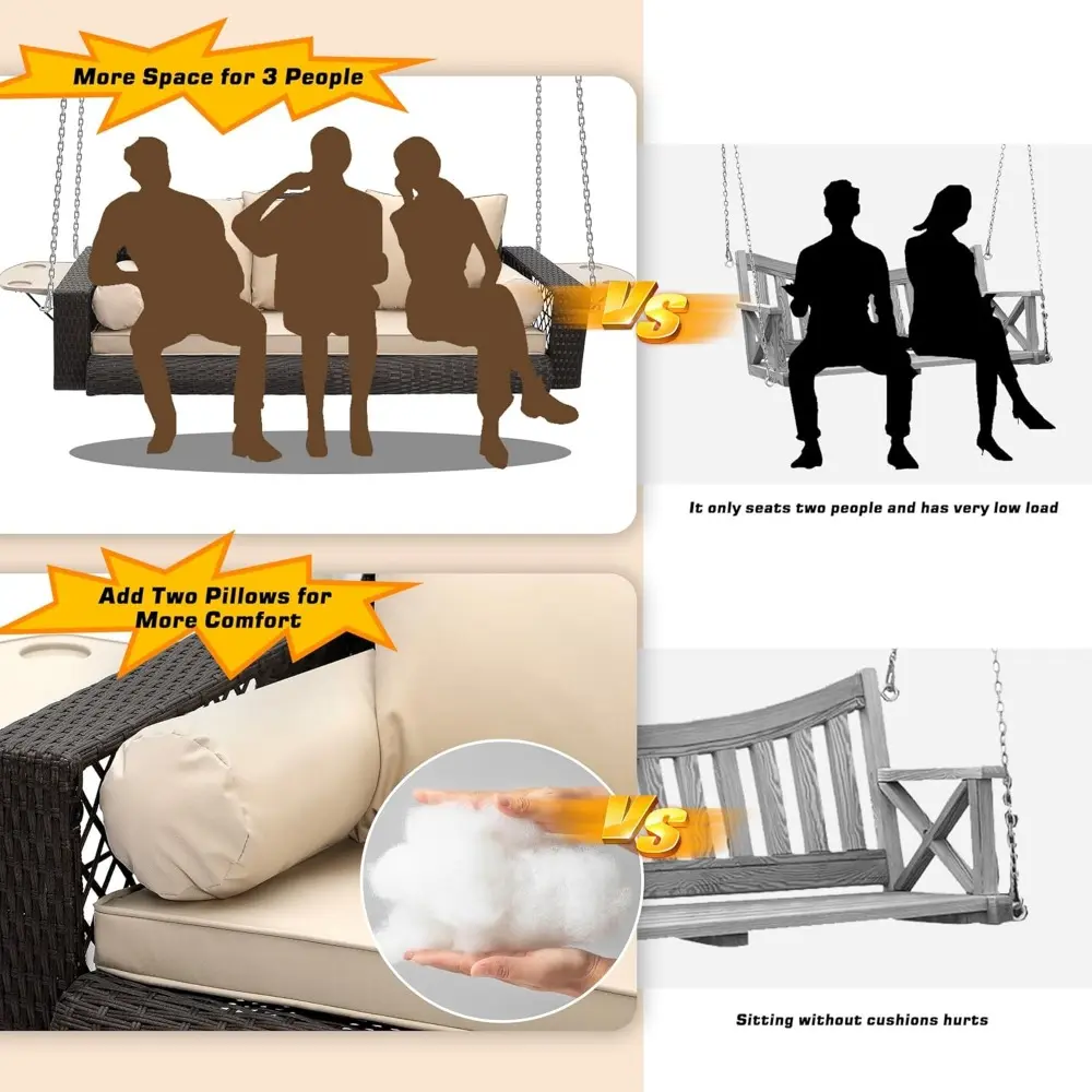 3 Person Porch Swing Patio Wicker Hanging Porch Swing Chair Outdoor Rattan Swing Bench with Cushion and Pillow for Garden, Yard