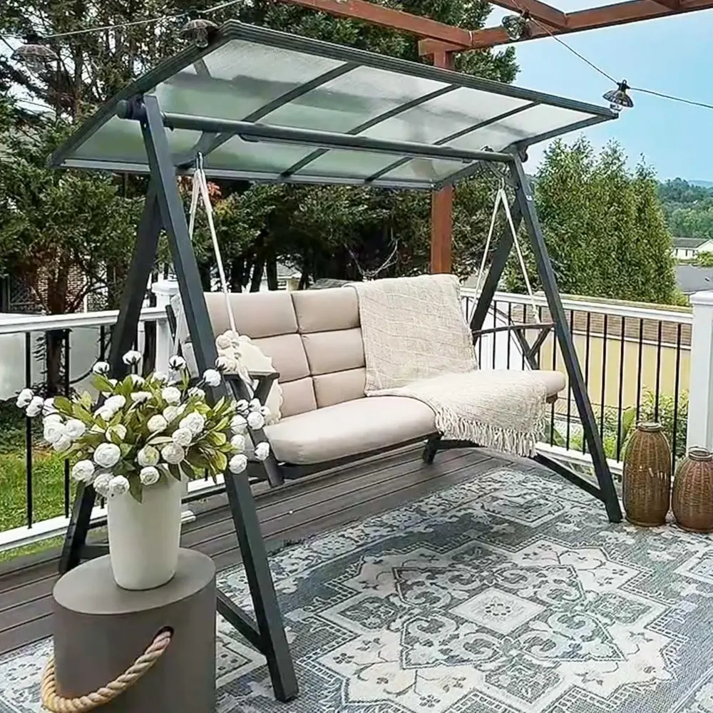 3 Person Porch Swing Patio Swing Chair with PVC Canopy Outdoor Deluxe Modern Yard Hammock Swinging Chairs w/Solar LED Light and