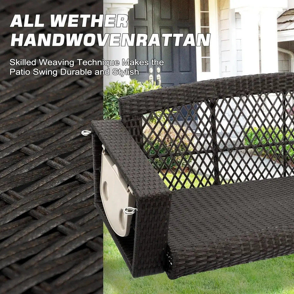 3 Person Porch Swing Patio Wicker Hanging Porch Swing Chair Outdoor Rattan Swing Bench with Cushion and Pillow for Garden, Yard