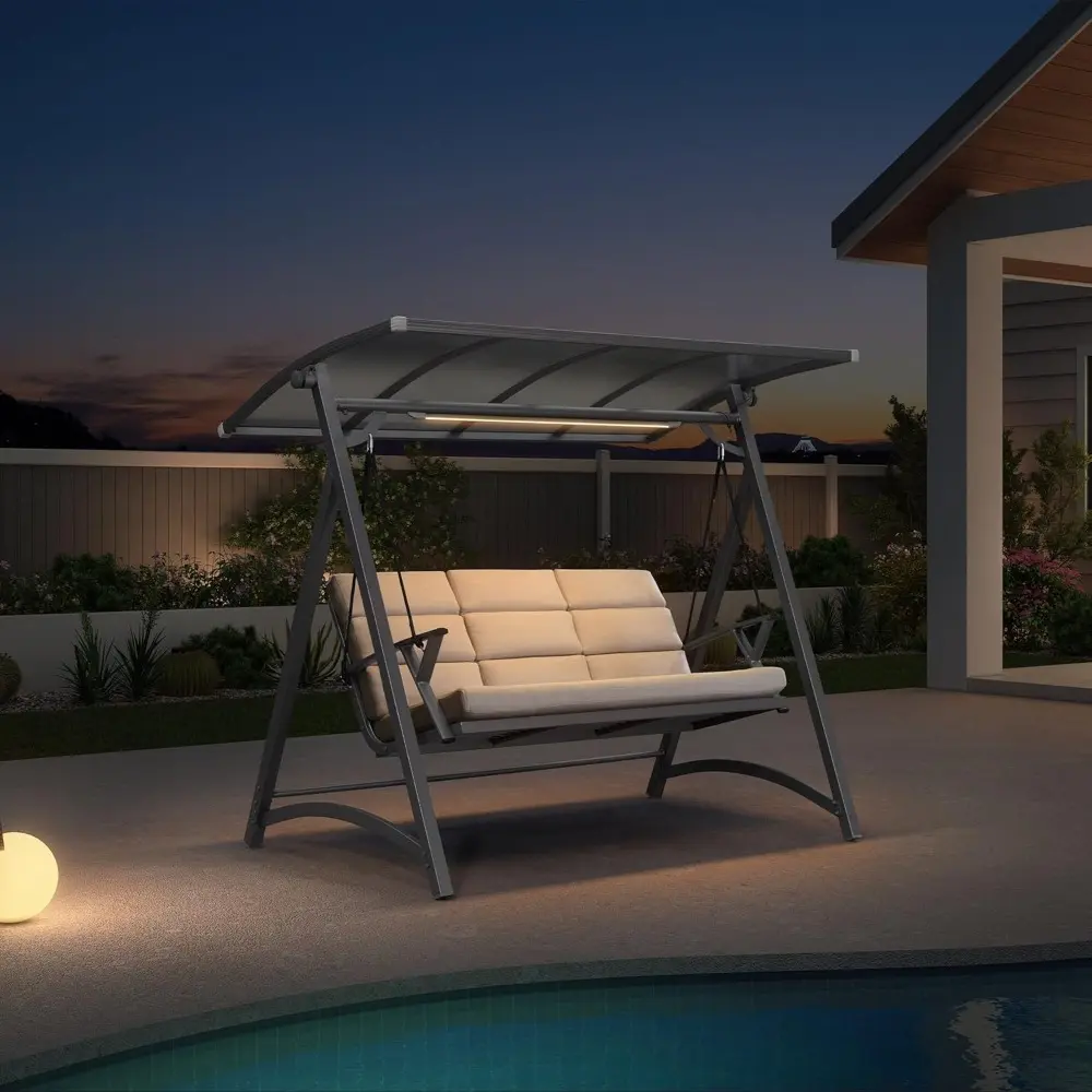 3 Person Porch Swing Patio Swing Chair with PVC Canopy Outdoor Deluxe Modern Yard Hammock Swinging Chairs w/Solar LED Light and