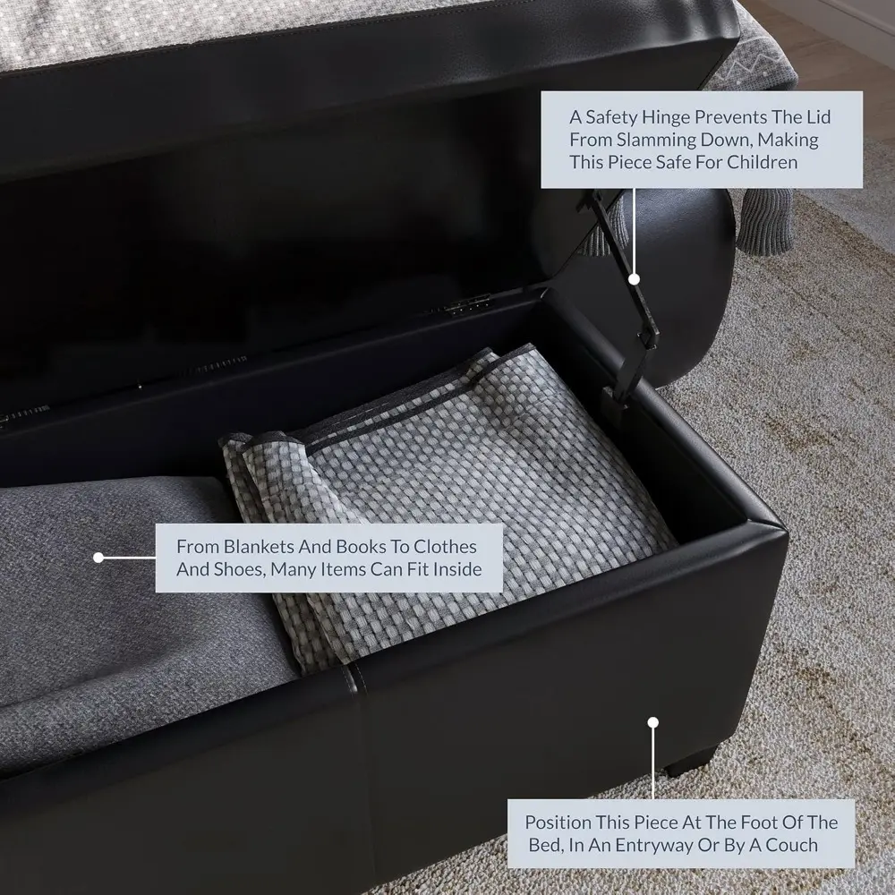 47 Inch Storage Ottoman, Faux Leather Storage Bench Bedroom Bench with Safety Close Hinge, Ottoman with Storage for Living Room