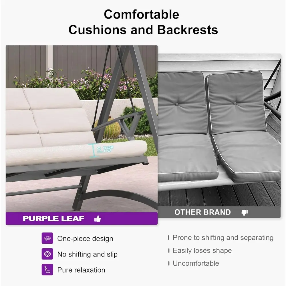3 Person Porch Swing Patio Swing Chair with PVC Canopy Outdoor Deluxe Modern Yard Hammock Swinging Chairs w/Solar LED Light and
