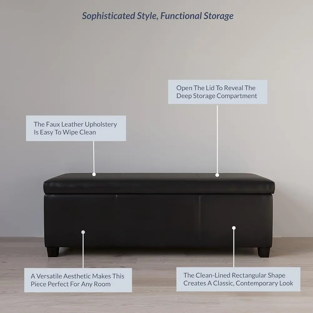 47 Inch Storage Ottoman, Faux Leather Storage Bench Bedroom Bench with Safety Close Hinge, Ottoman with Storage for Living Room
