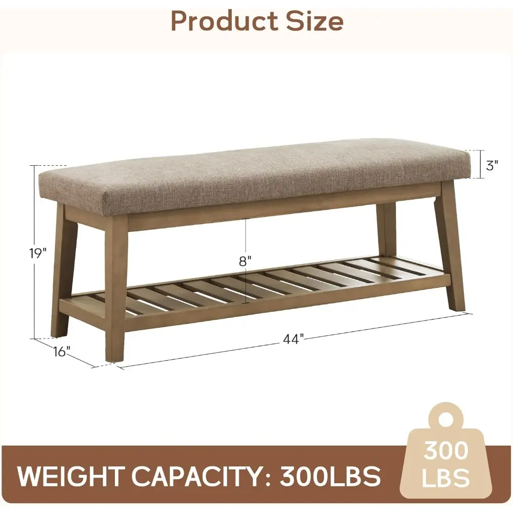 Entryway Shoe Bench with Cushion, End of Bed Bench,Upholstered Bench for Kitchen, Bench with Solid Wood Shelf, Fabric Ottoman Be