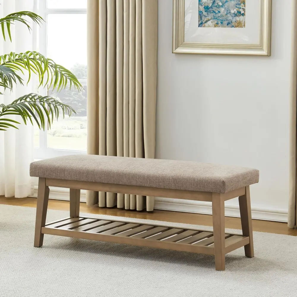 Entryway Shoe Bench with Cushion, End of Bed Bench,Upholstered Bench for Kitchen, Bench with Solid Wood Shelf, Fabric Ottoman Be