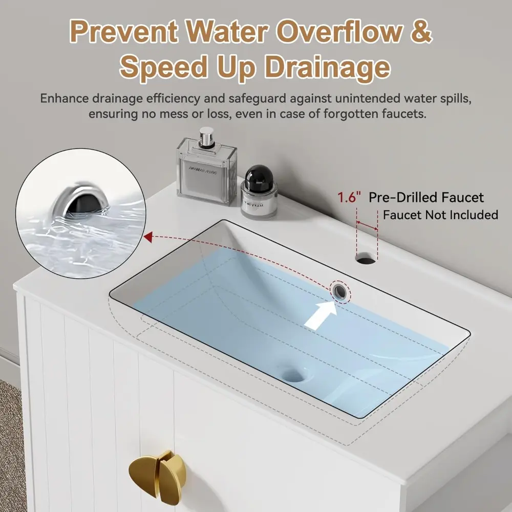 24" Floating Bathroom Vanity with Sink Ceramic, Wall-Mounted Bathroom Storage Cabinet with Two Doors, Gold Handles & Soft-Close