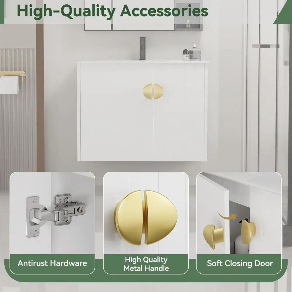 24" Floating Bathroom Vanity with Sink Ceramic, Wall-Mounted Bathroom Storage Cabinet with Two Doors, Gold Handles & Soft-Close