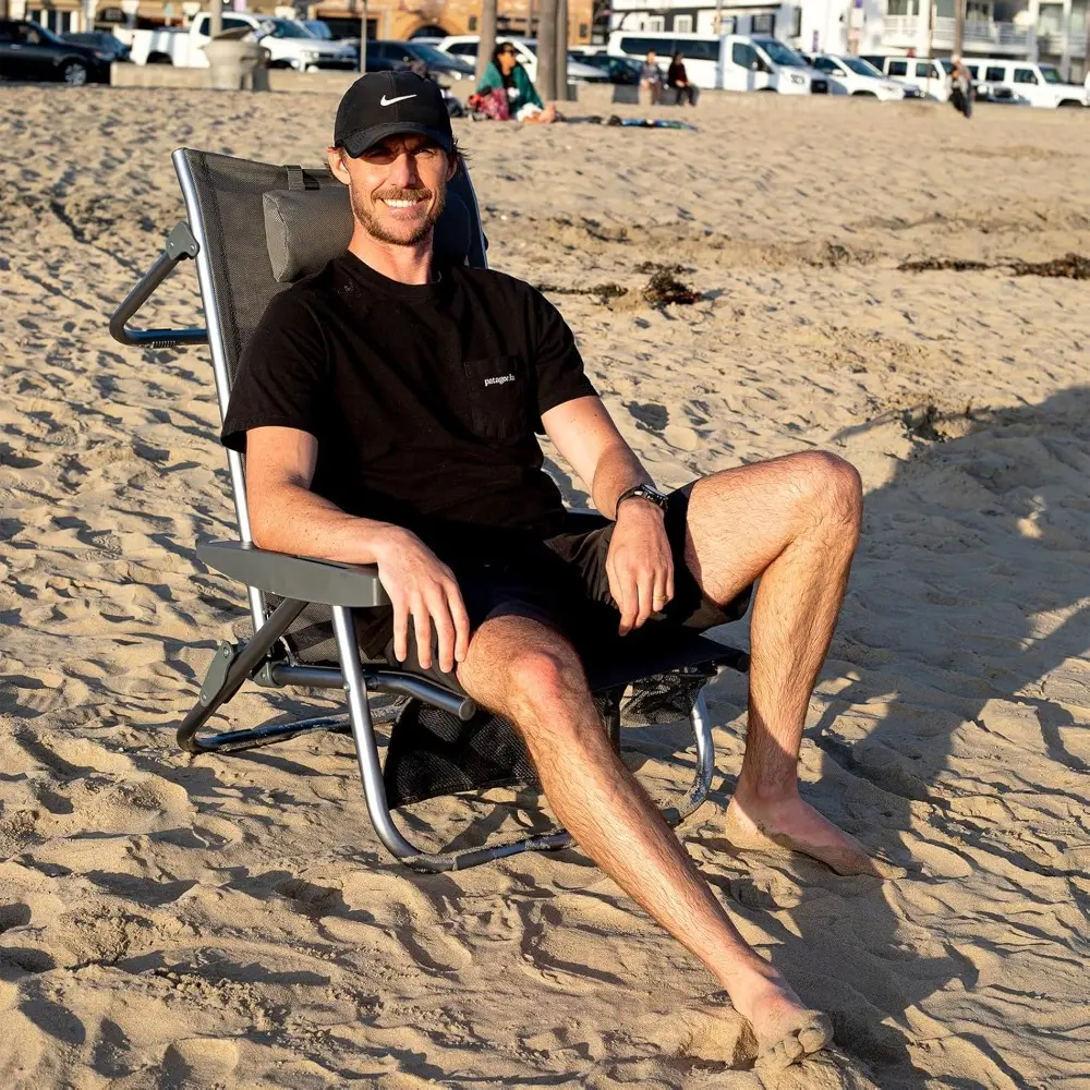 Bora High Back Beach Chairs for Adults, 5 Positions Reclining Beach Chair with Headrests, Folding Beach Chair with Cup Holder &