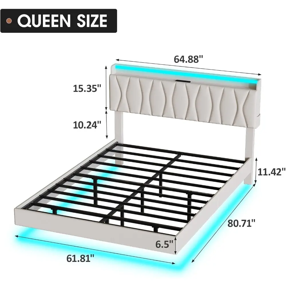 Maupvit Queen Size Floating Bed Frame with Storage Headboard, Queen Bed Frame with LED Lights, Charging Station, Upholstered Pla