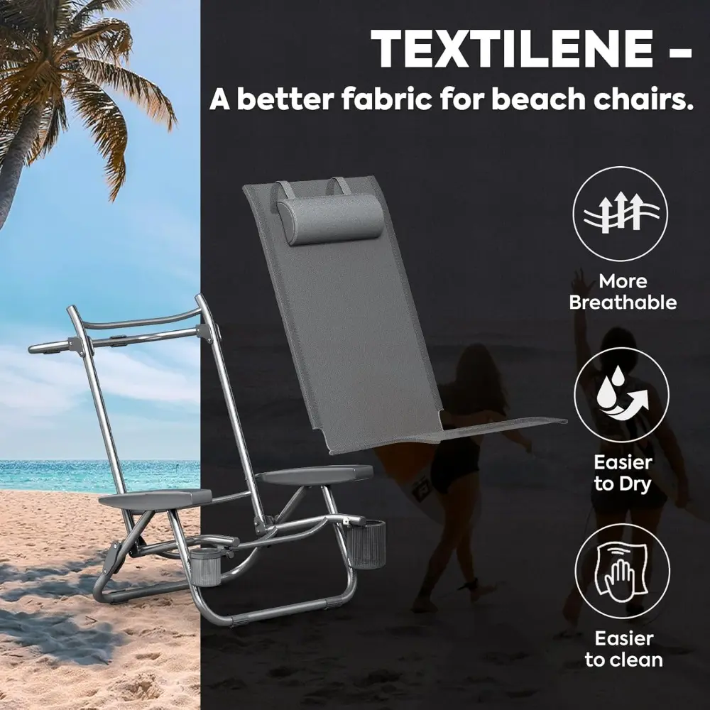Bora High Back Beach Chairs for Adults, 5 Positions Reclining Beach Chair with Headrests, Folding Beach Chair with Cup Holder &