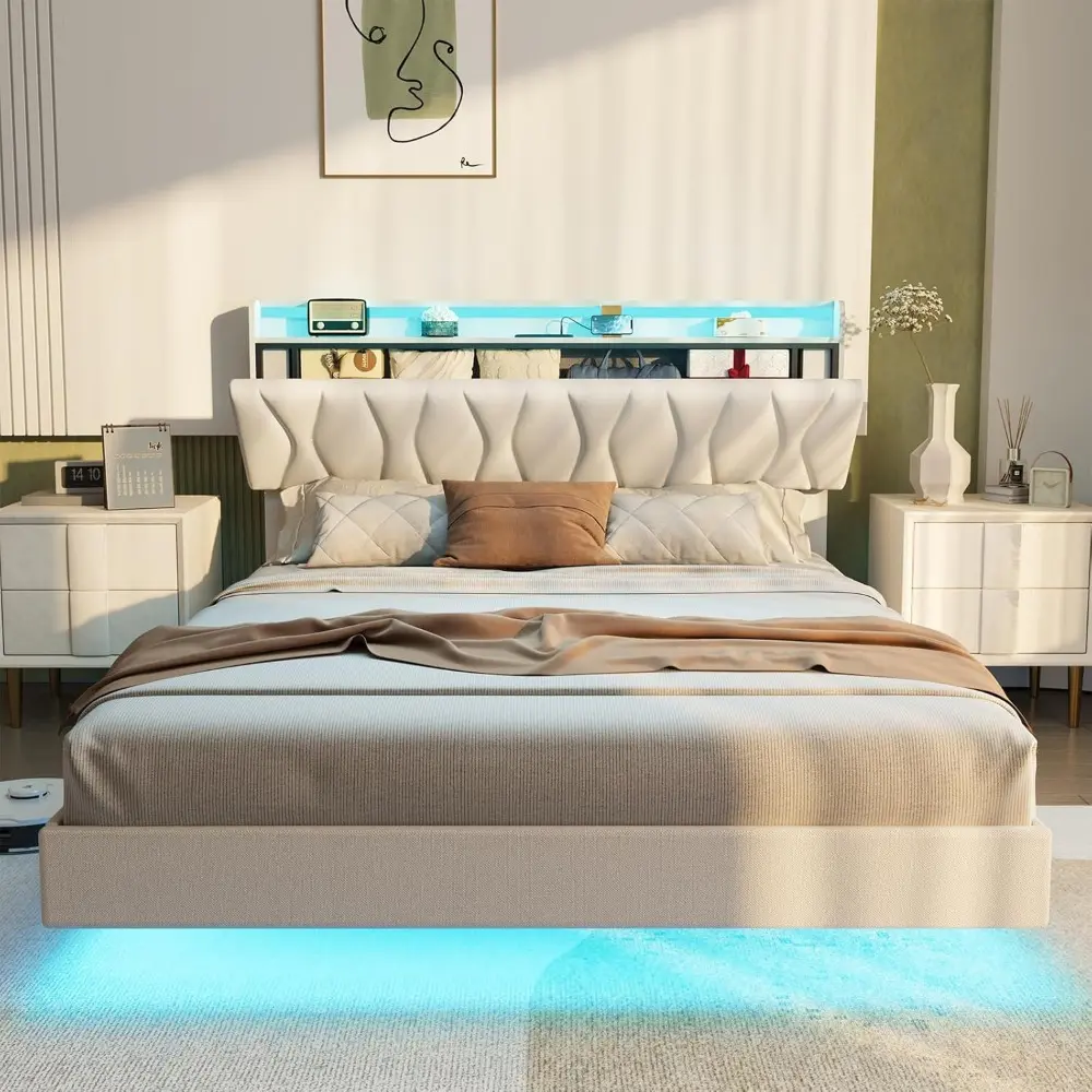 Maupvit Queen Size Floating Bed Frame with Storage Headboard, Queen Bed Frame with LED Lights, Charging Station, Upholstered Pla