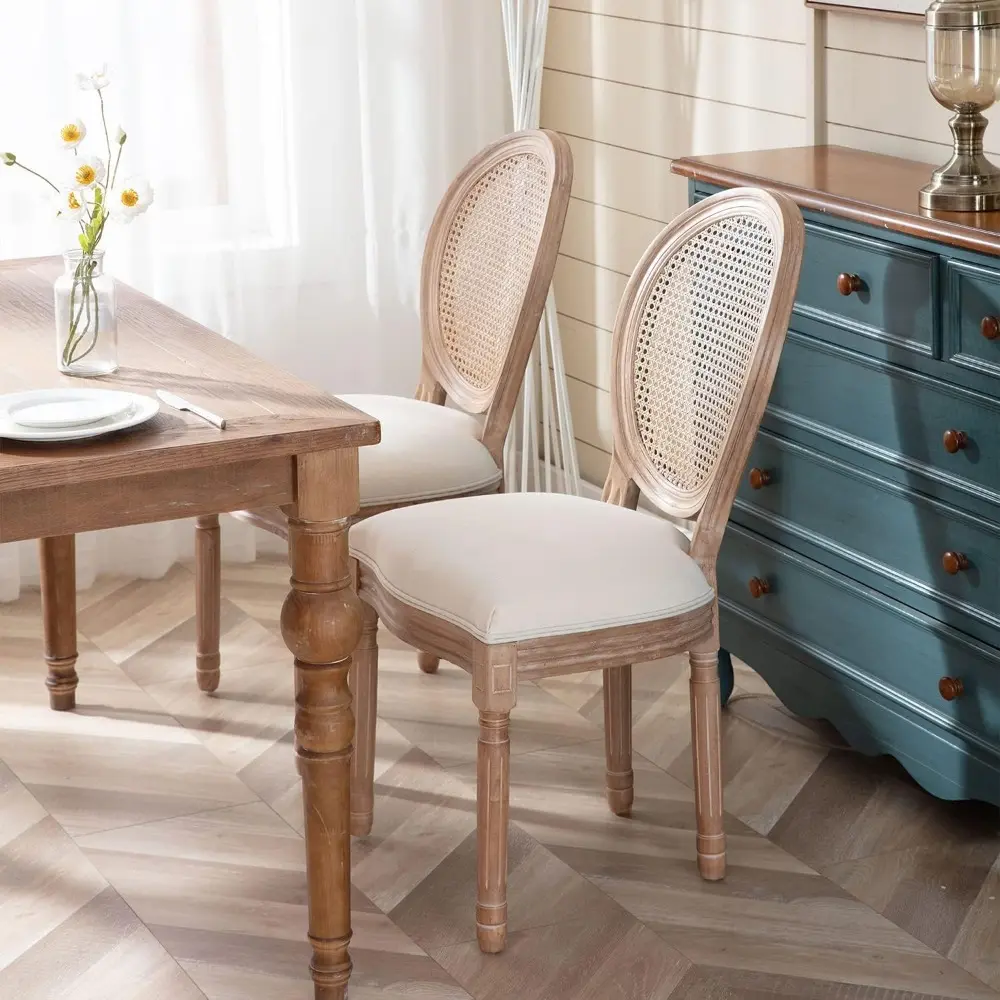 French Country Dining Chairs Set of 4, Farmhouse Dining Chairs with Round Backrest, Upholstered Rattan Dining Chair with Solid