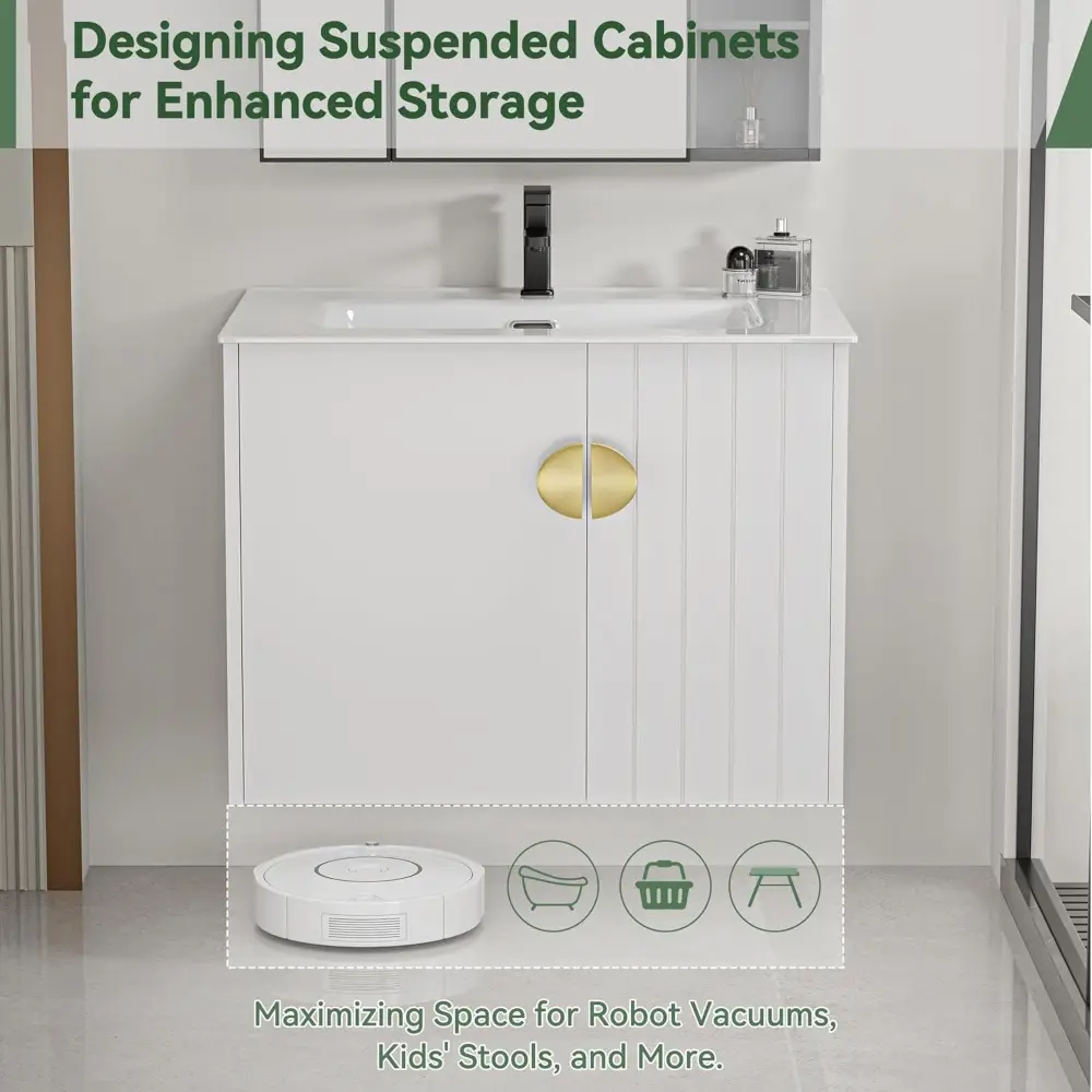 24" Floating Bathroom Vanity with Sink Ceramic, Wall-Mounted Bathroom Storage Cabinet with Two Doors, Gold Handles & Soft-Close