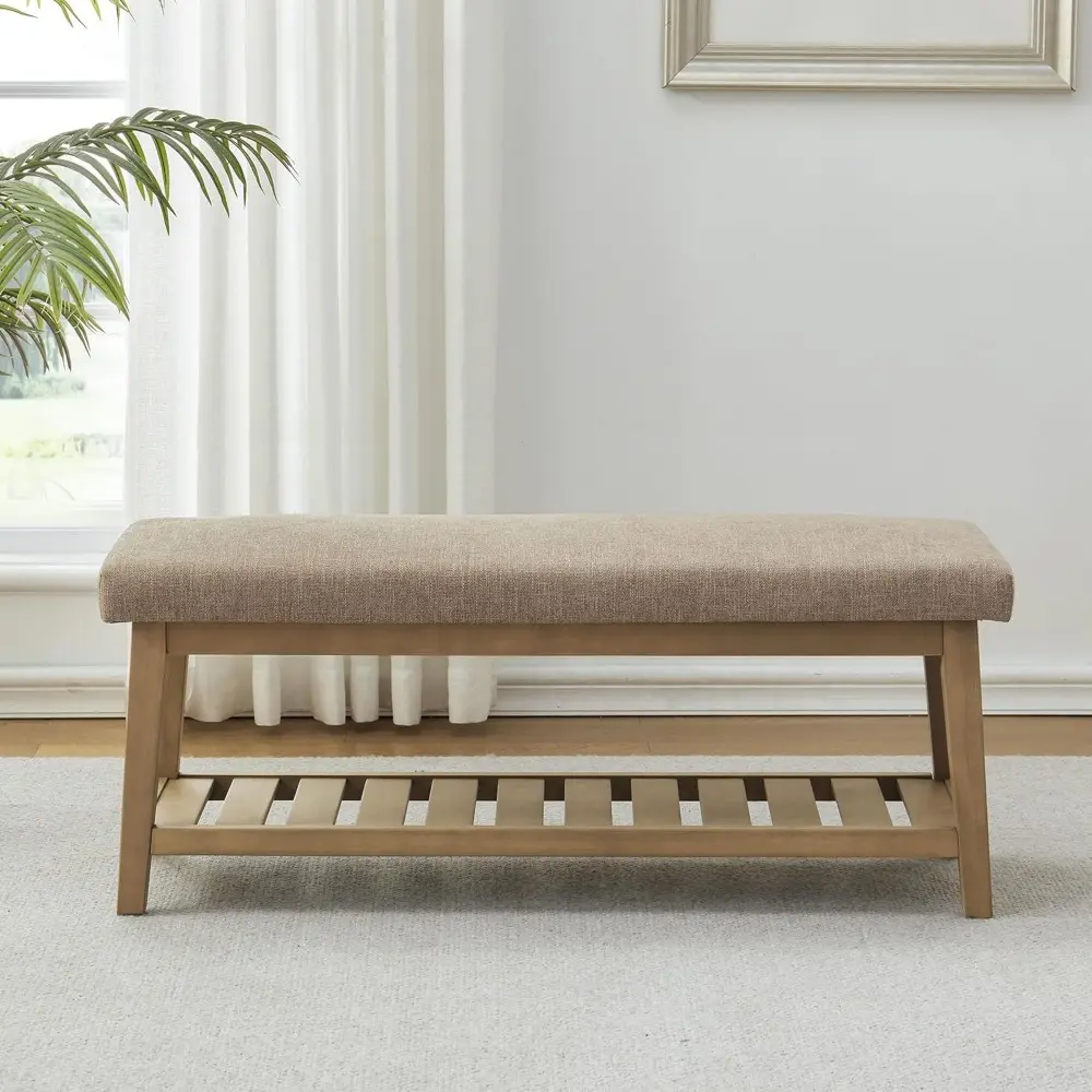Entryway Shoe Bench with Cushion, End of Bed Bench,Upholstered Bench for Kitchen, Bench with Solid Wood Shelf, Fabric Ottoman Be