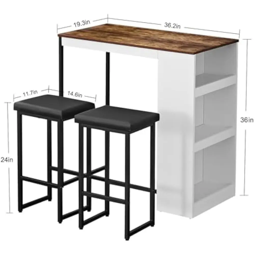 3 Piece Dining Table Set Kitchen Bar Table with Two Stool Storage Shelves Wood Counter Height Table Top with Sew Kerf Finish Di