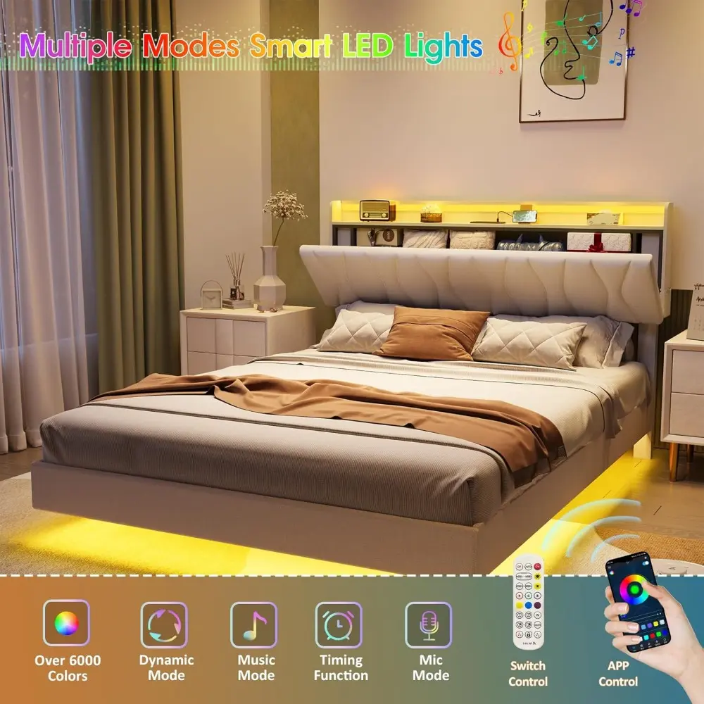 Maupvit Queen Size Floating Bed Frame with Storage Headboard, Queen Bed Frame with LED Lights, Charging Station, Upholstered Pla