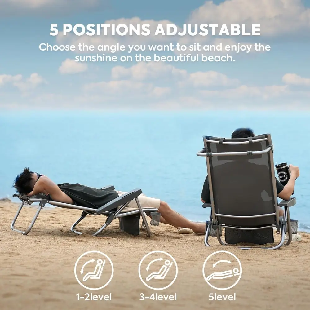 Bora High Back Beach Chairs for Adults, 5 Positions Reclining Beach Chair with Headrests, Folding Beach Chair with Cup Holder &