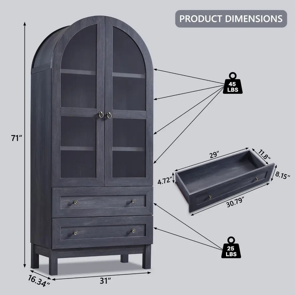 71" Tall Arched Bathroom Storage Cabinet, 4-Tier cabinet w/2 Large Drawers &Adjustable Shelves, Wooden Bathroom Floor cabinets w