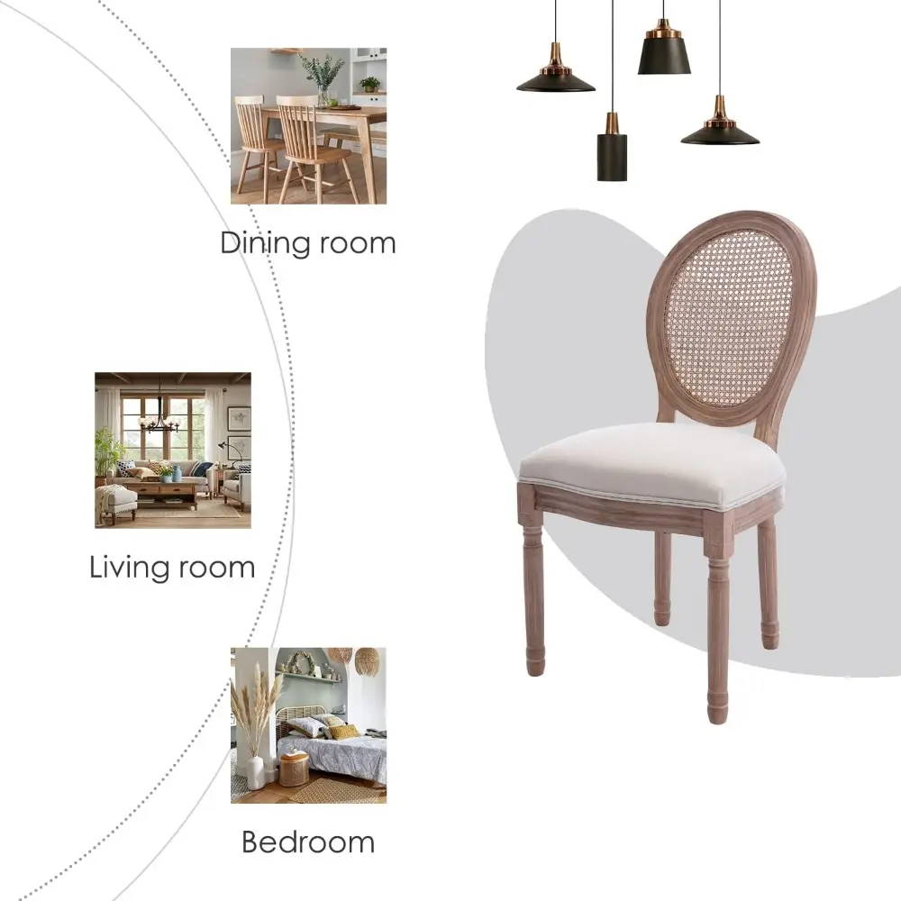 French Country Dining Chairs Set of 4, Farmhouse Dining Chairs with Round Backrest, Upholstered Rattan Dining Chair with Solid