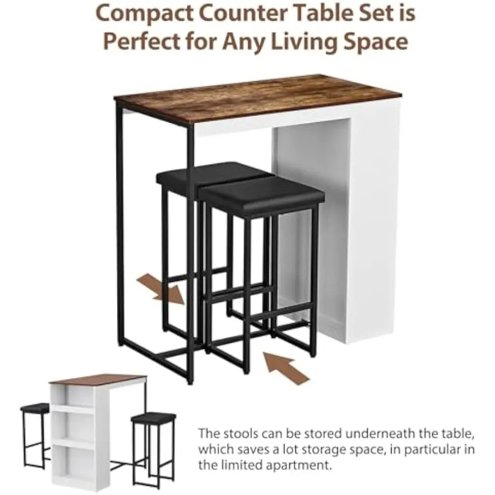 3 Piece Dining Table Set Kitchen Bar Table with Two Stool Storage Shelves Wood Counter Height Table Top with Sew Kerf Finish Di