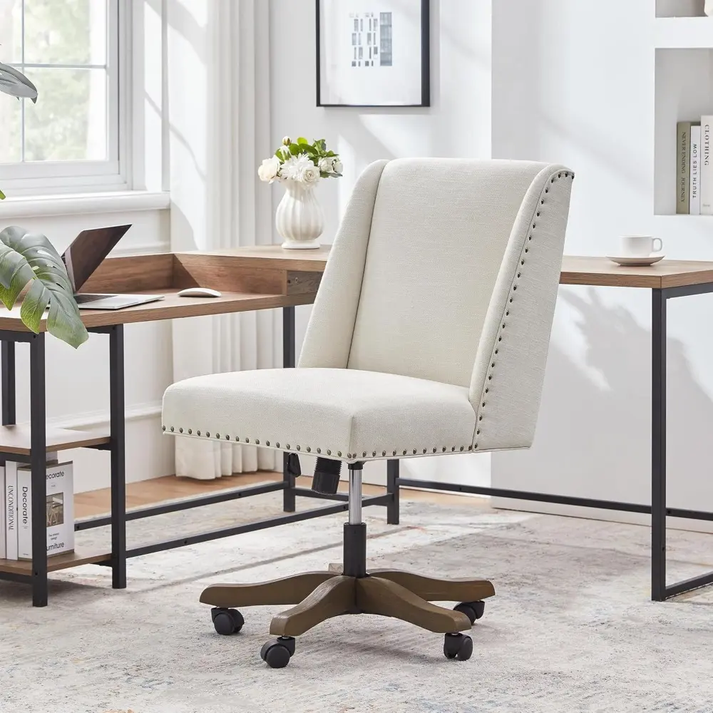 Armless Upholstered Office Chair with Wooden Legs, Modern Criss Cross Adjustable Home Office Desk Chair Sewing Chair Swivel Chai