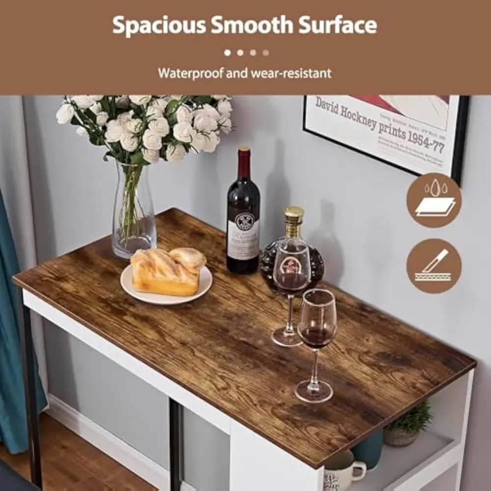 3 Piece Dining Table Set Kitchen Bar Table with Two Stool Storage Shelves Wood Counter Height Table Top with Sew Kerf Finish Di