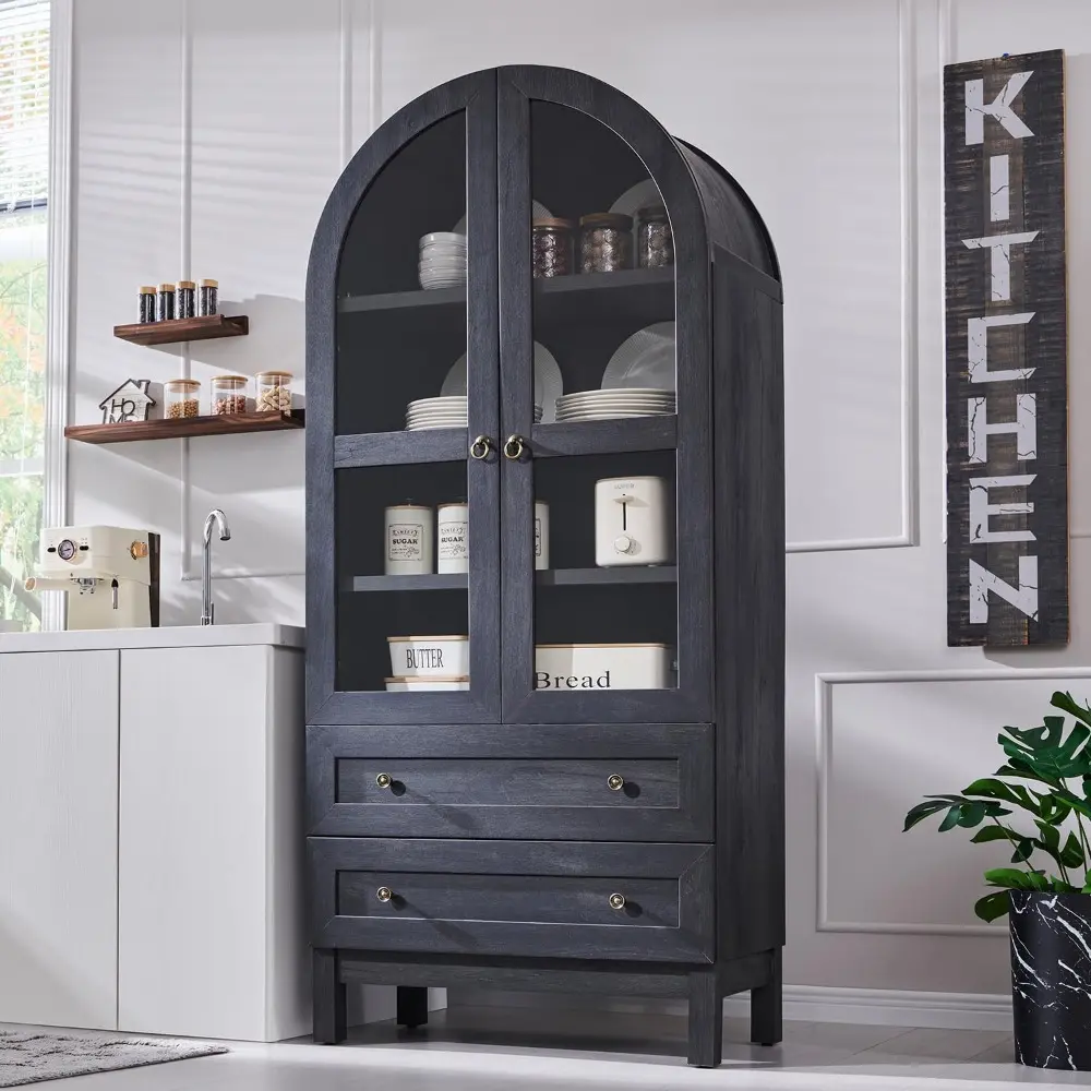 71" Tall Arched Bathroom Storage Cabinet, 4-Tier cabinet w/2 Large Drawers &Adjustable Shelves, Wooden Bathroom Floor cabinets w