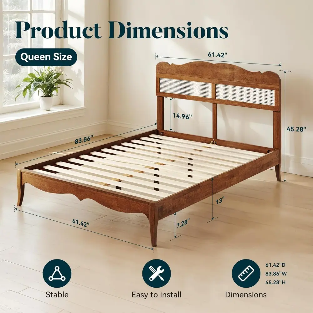 ALPHA HOME Queen Size Bed Frame with Woven Rattan Headboard, Solid Wood Platform Bed Frame & Reinforced Slats Support, Noiseless