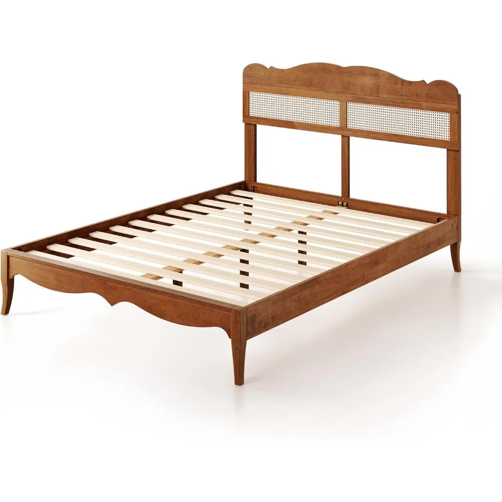 ALPHA HOME Queen Size Bed Frame with Woven Rattan Headboard, Solid Wood Platform Bed Frame & Reinforced Slats Support, Noiseless