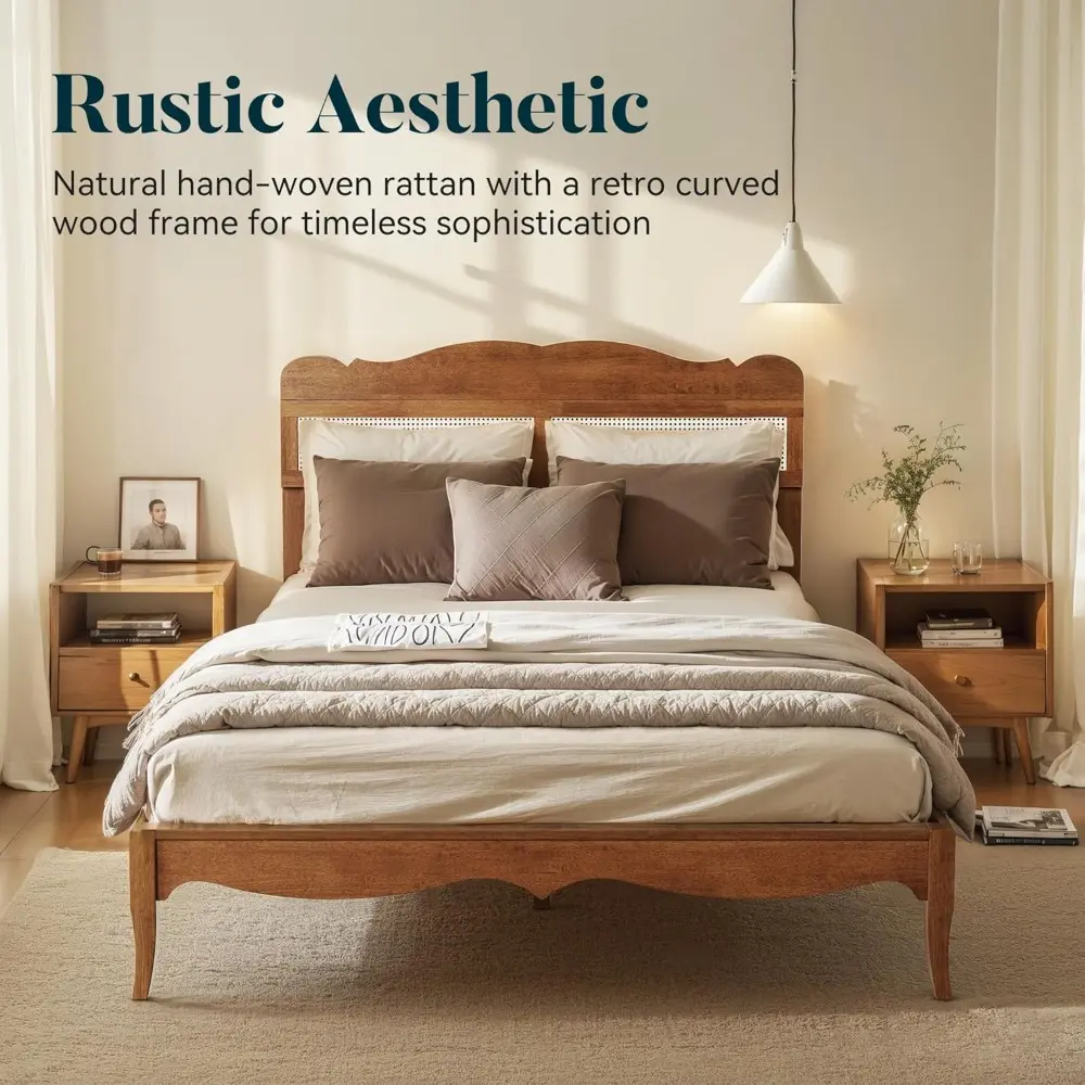 ALPHA HOME Queen Size Bed Frame with Woven Rattan Headboard, Solid Wood Platform Bed Frame & Reinforced Slats Support, Noiseless