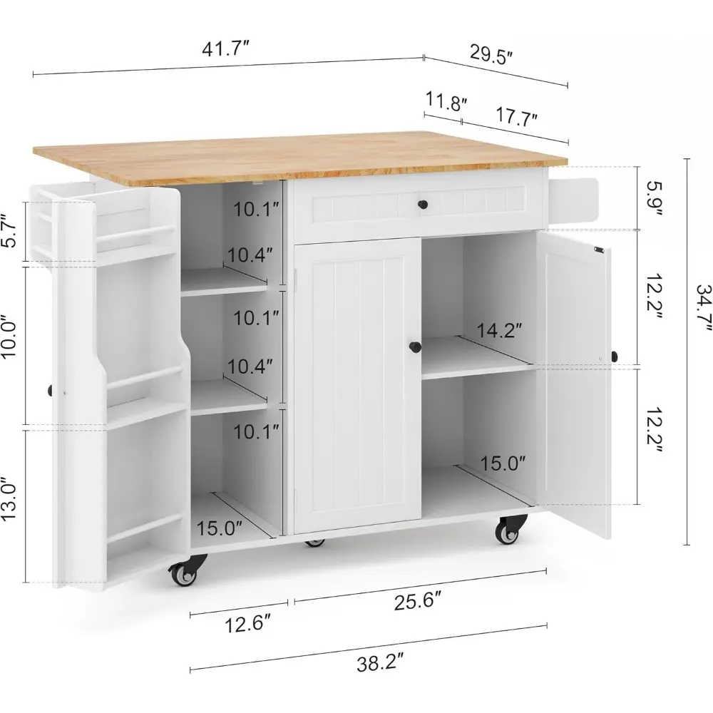 Kitchen Island with Storage, Island Table for Kitchen with Drop Leaf, 5 Wheels, Interal Storage Rack, a Drawer, Spicy Rack and