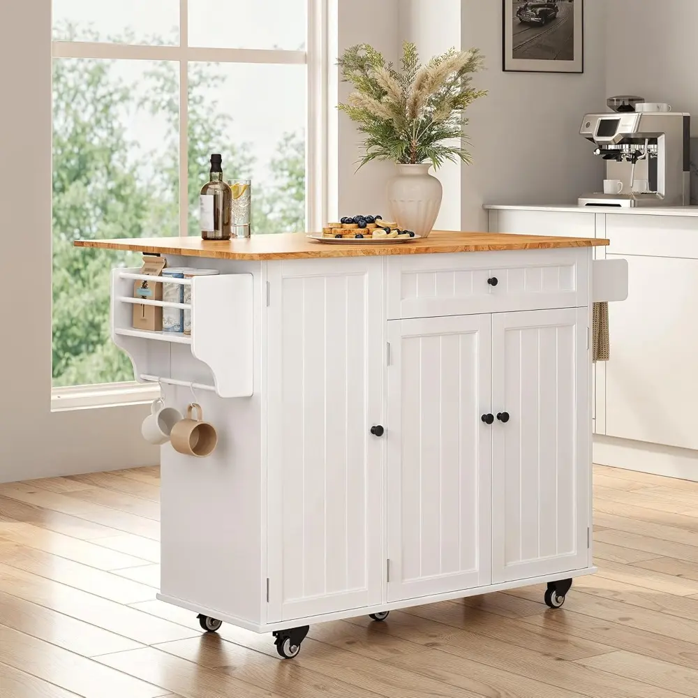 Kitchen Island with Storage, Island Table for Kitchen with Drop Leaf, 5 Wheels, Interal Storage Rack, a Drawer, Spicy Rack and