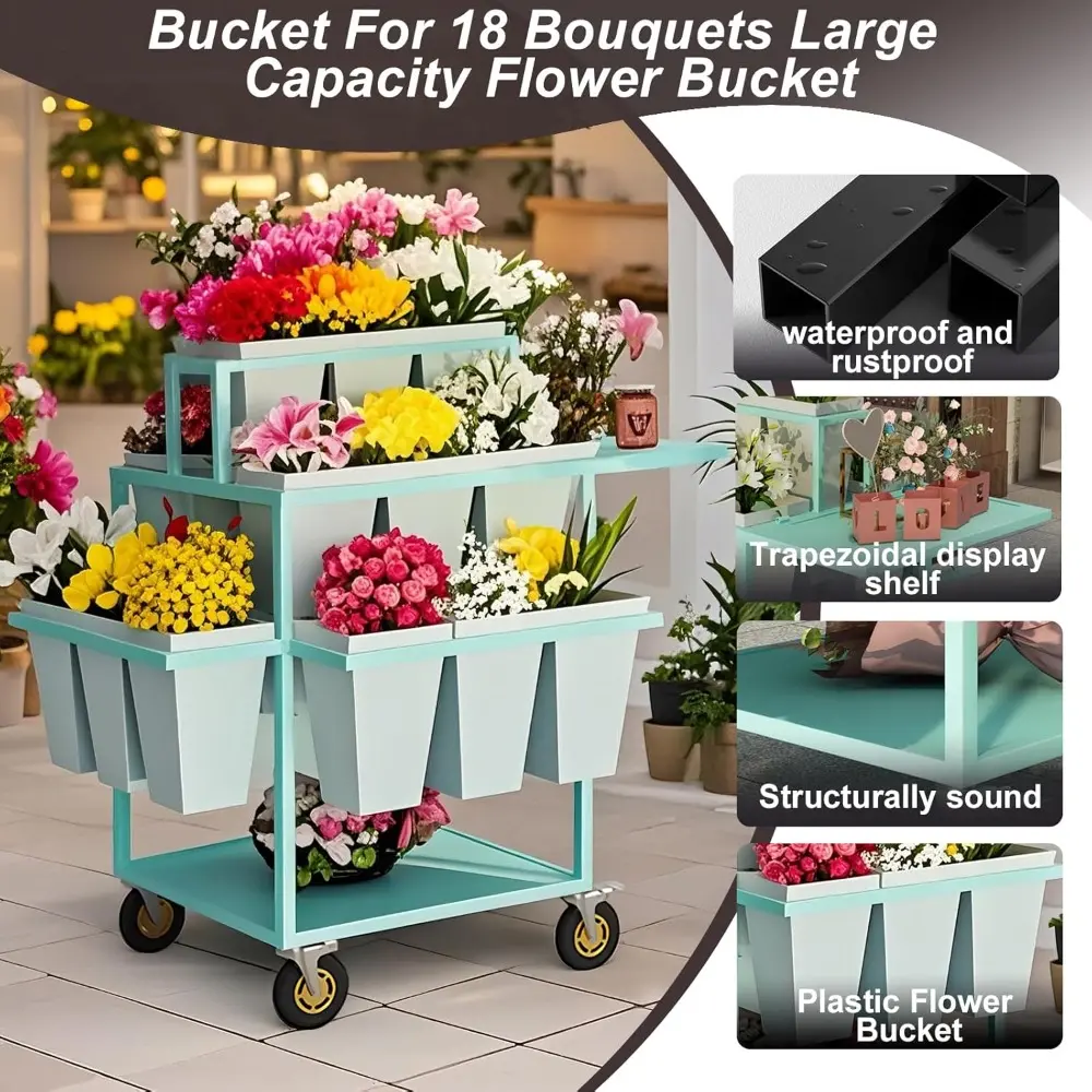 Outdoor Flower Display Stand Flower Cart with 18 Buckets Plant Stand Heavy Duty Garden Cart Display Florist, Patio Garden Flower