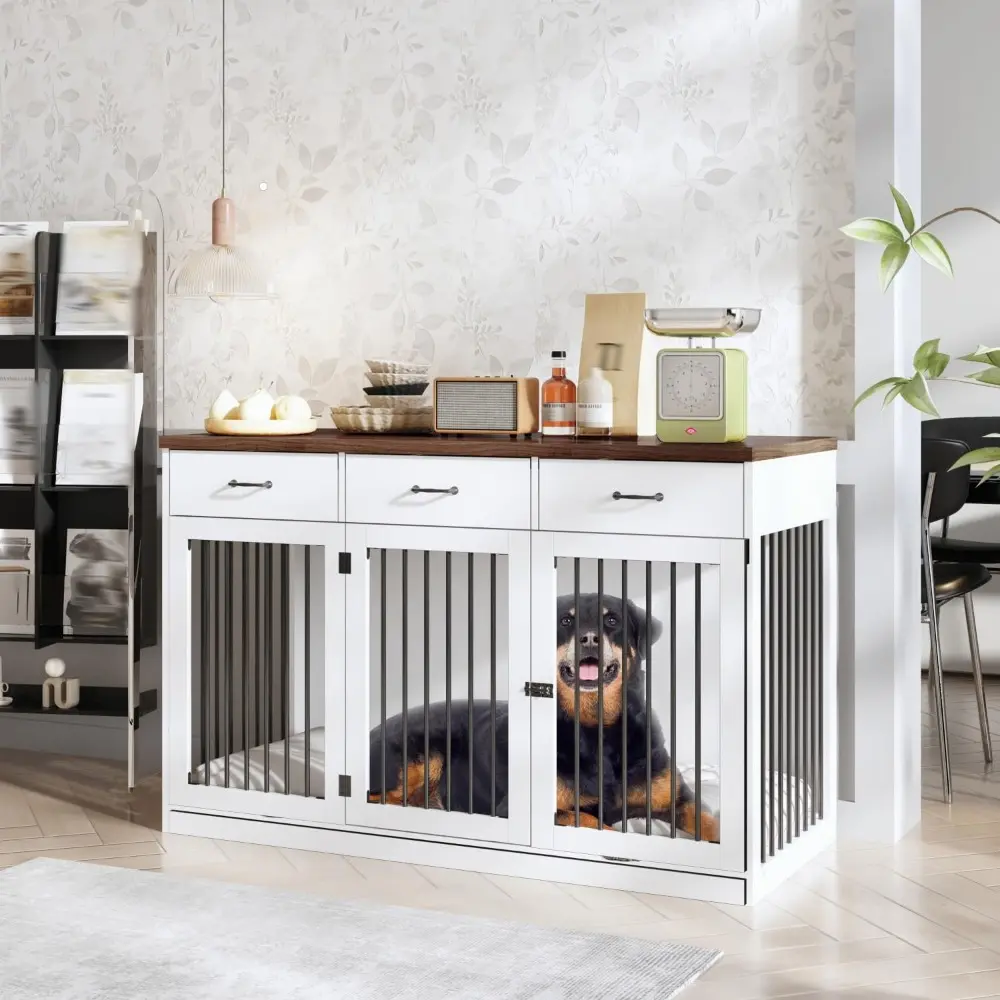 Extra Large Dog Crate Furniture with 3 Drawers, 55.3" Indoor Heavy Duty Dog Kennel House, Furniture Style Dog Crate Side End Tab
