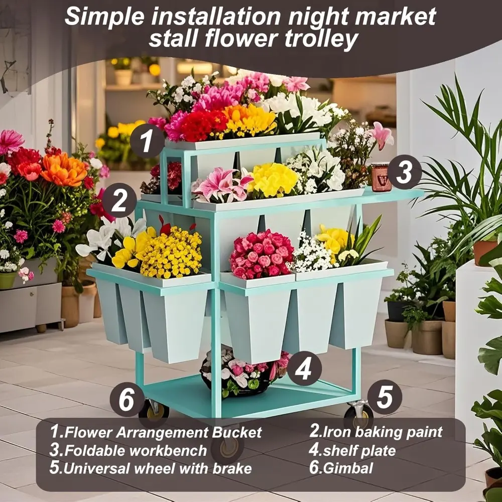 Outdoor Flower Display Stand Flower Cart with 18 Buckets Plant Stand Heavy Duty Garden Cart Display Florist, Patio Garden Flower