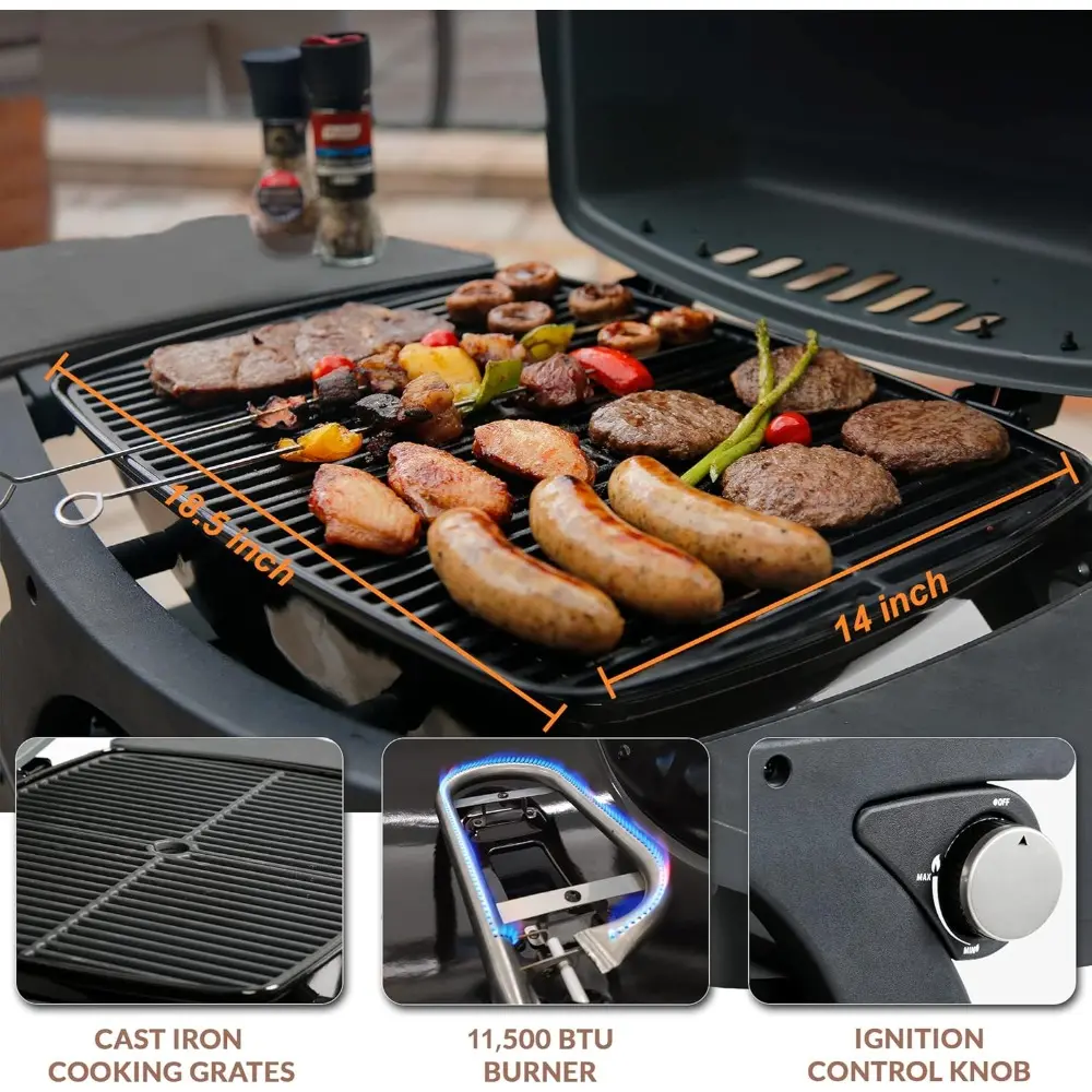 Propane Gas Grill, Portable Tabletop Barbecue Grill with Cart for Patio, Camping, Travel