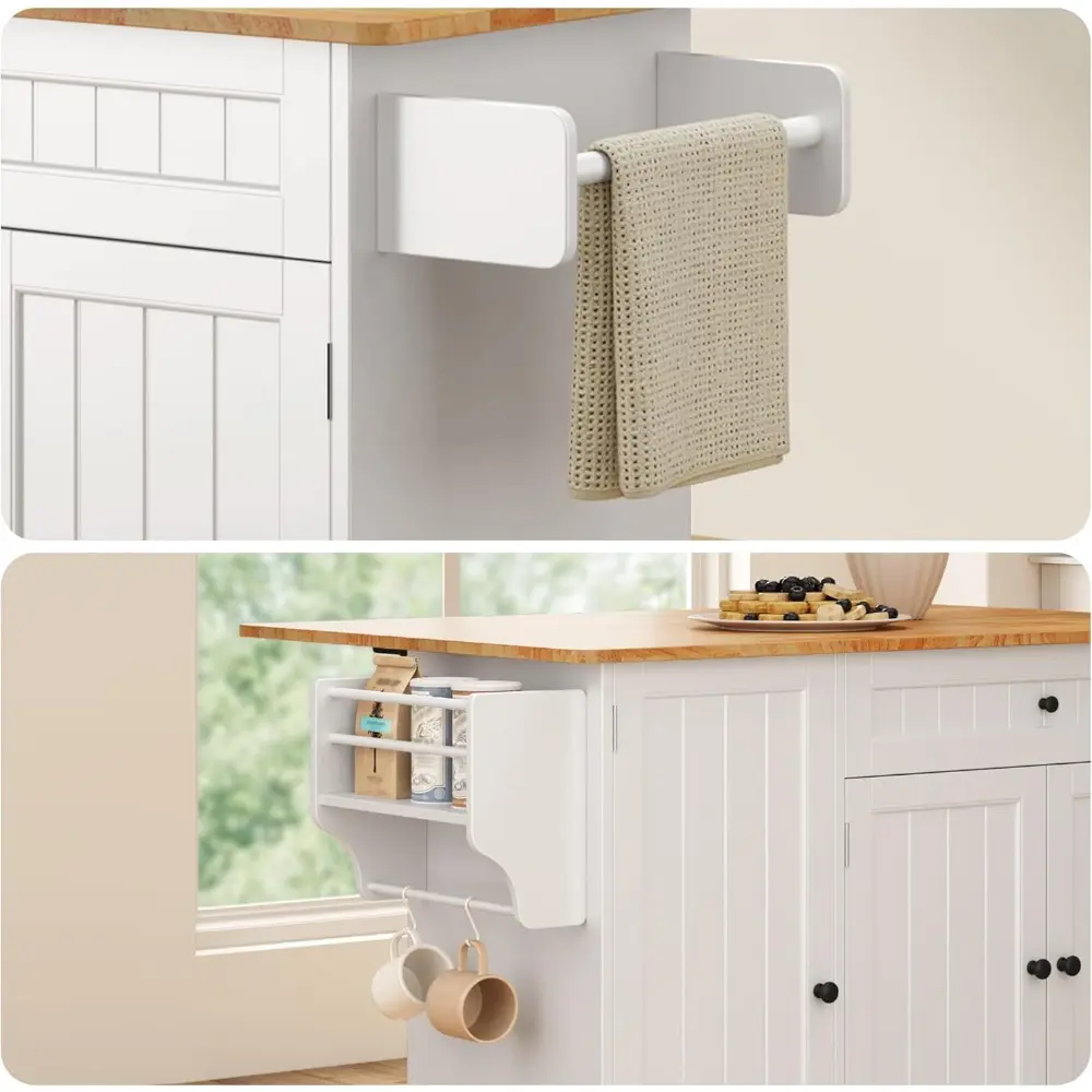 Kitchen Island with Storage, Island Table for Kitchen with Drop Leaf, 5 Wheels, Interal Storage Rack, a Drawer, Spicy Rack and