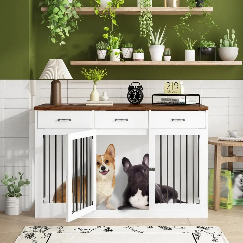 Extra Large Dog Crate Furniture with 3 Drawers, 55.3" Indoor Heavy Duty Dog Kennel House, Furniture Style Dog Crate Side End Tab
