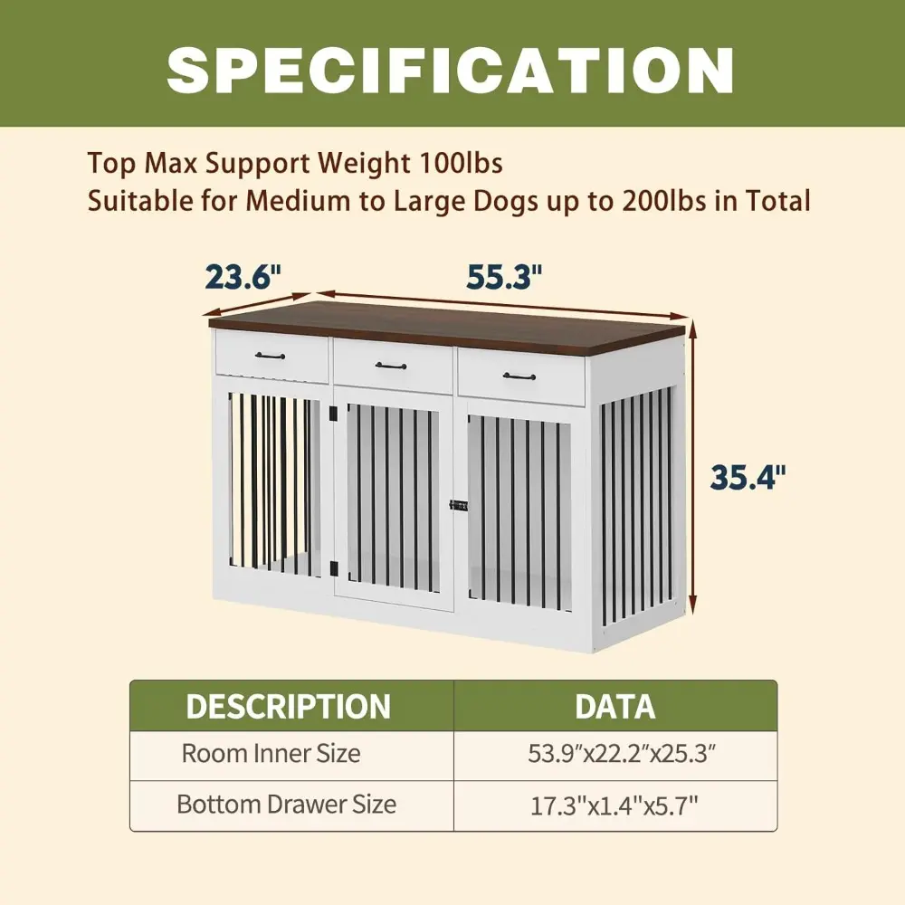 Extra Large Dog Crate Furniture with 3 Drawers, 55.3" Indoor Heavy Duty Dog Kennel House, Furniture Style Dog Crate Side End Tab