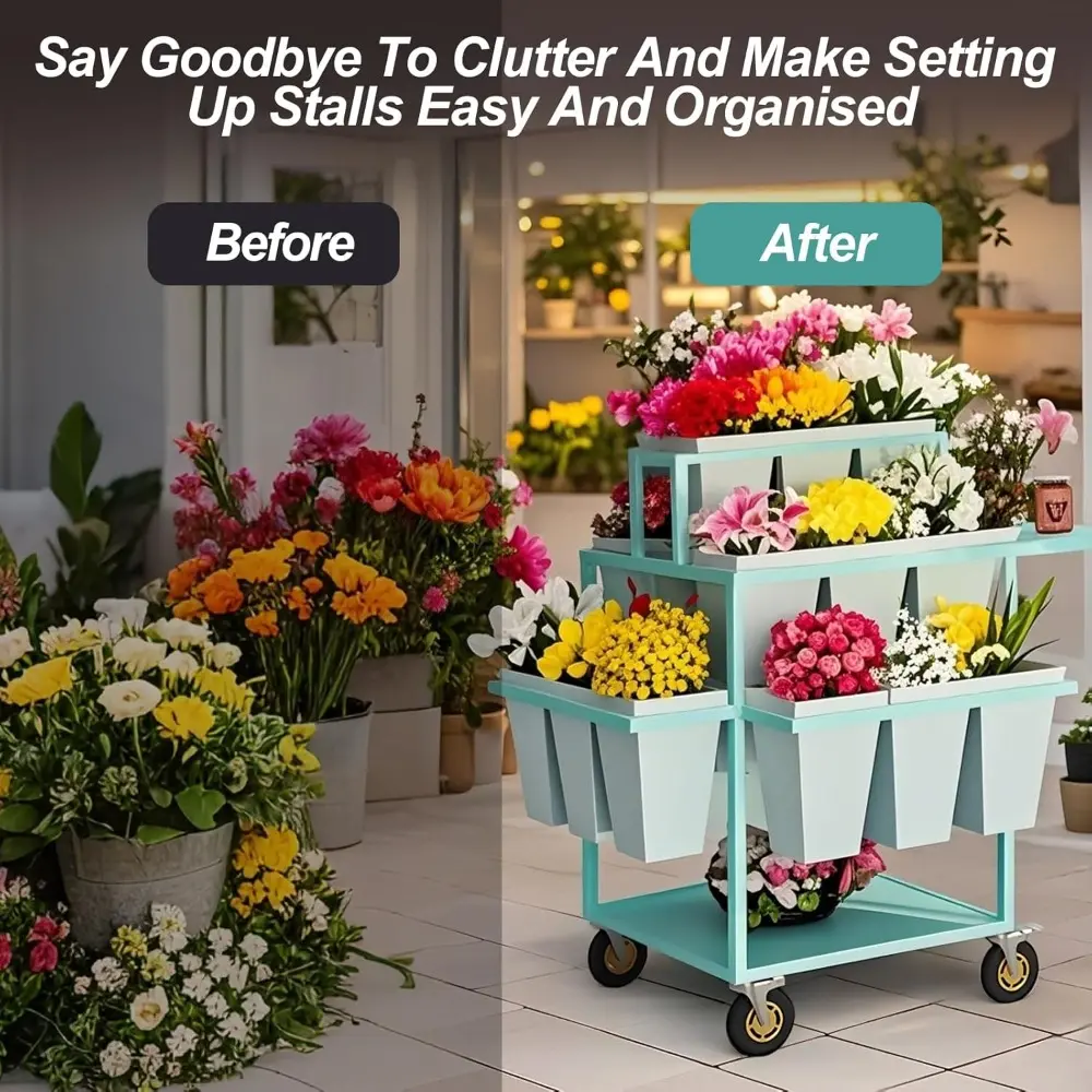 Outdoor Flower Display Stand Flower Cart with 18 Buckets Plant Stand Heavy Duty Garden Cart Display Florist, Patio Garden Flower