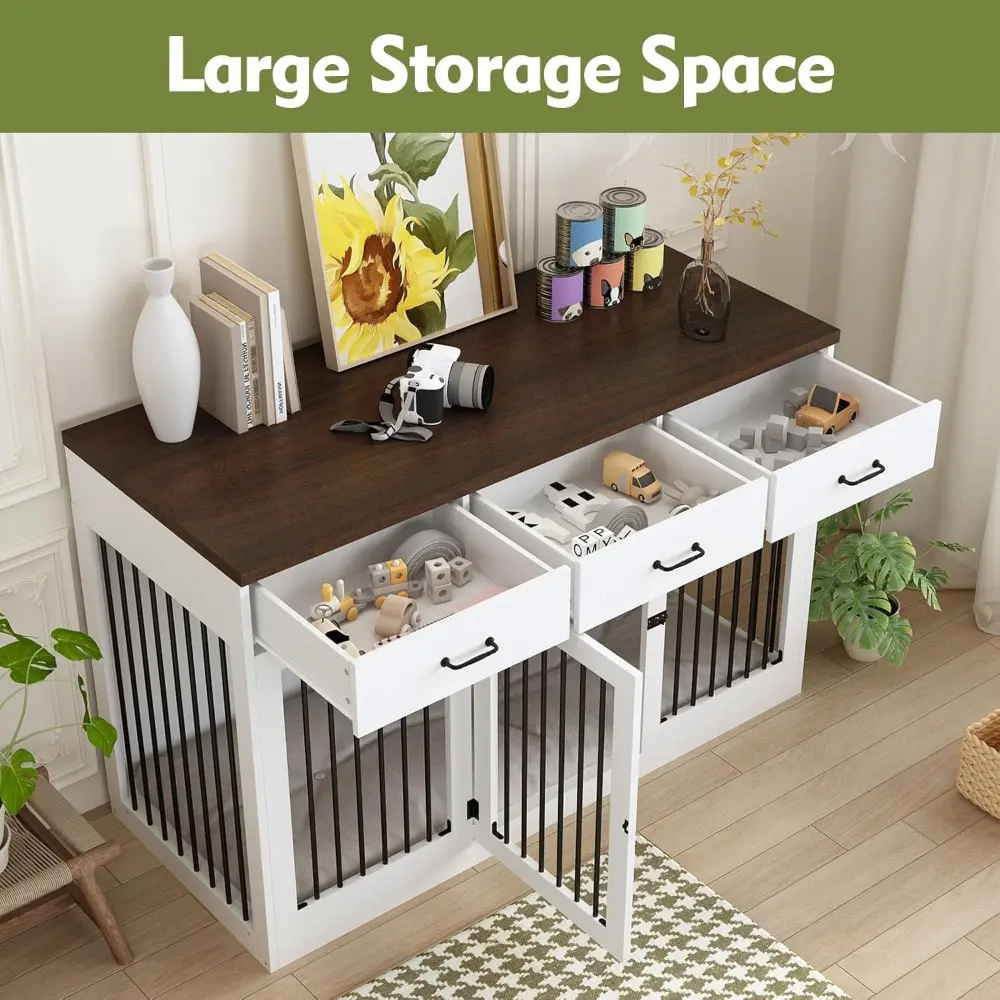 Extra Large Dog Crate Furniture with 3 Drawers, 55.3" Indoor Heavy Duty Dog Kennel House, Furniture Style Dog Crate Side End Tab