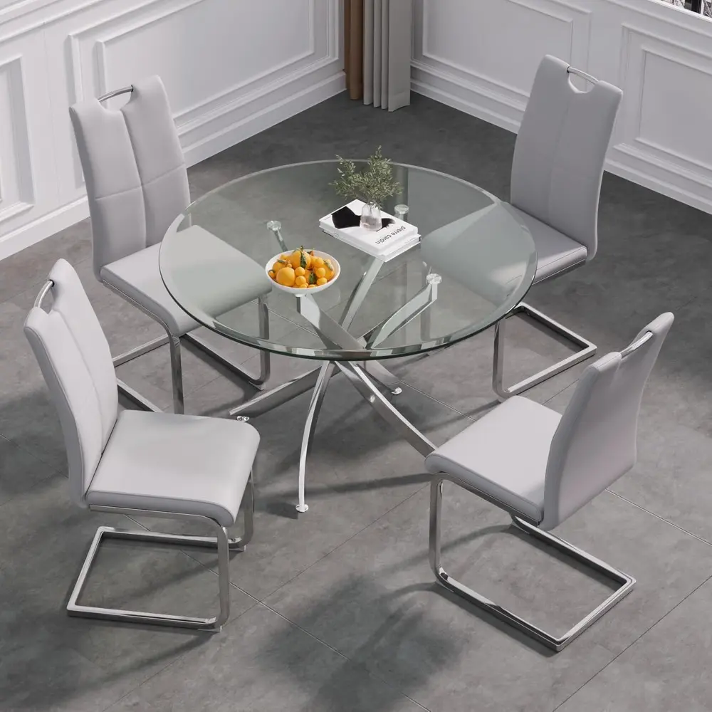 36" Silver Glass Dining Room Table Set for 4, 5-Piece Modern Round Kitchen Dining Table Set with Cross Stainless Steel Legs and