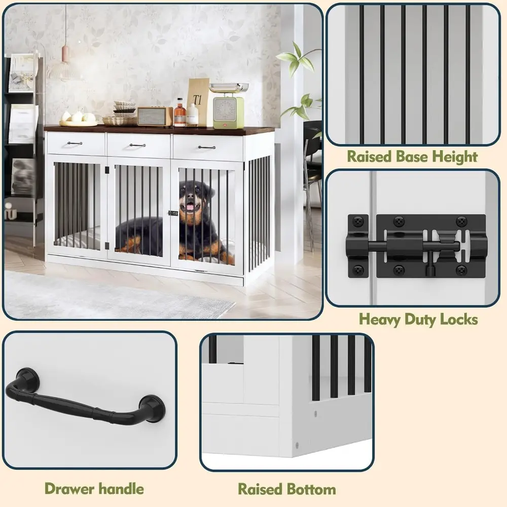 Extra Large Dog Crate Furniture with 3 Drawers, 55.3" Indoor Heavy Duty Dog Kennel House, Furniture Style Dog Crate Side End Tab
