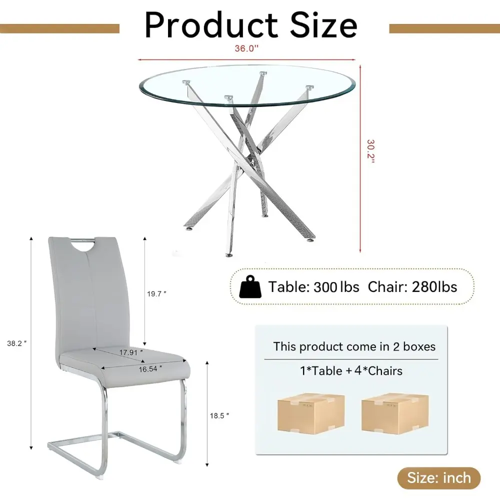 36" Silver Glass Dining Room Table Set for 4, 5-Piece Modern Round Kitchen Dining Table Set with Cross Stainless Steel Legs and