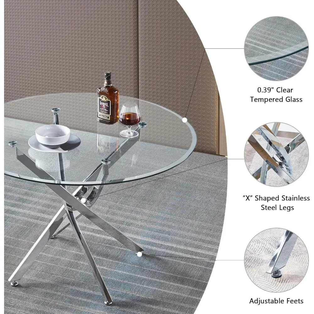 36" Silver Glass Dining Room Table Set for 4, 5-Piece Modern Round Kitchen Dining Table Set with Cross Stainless Steel Legs and