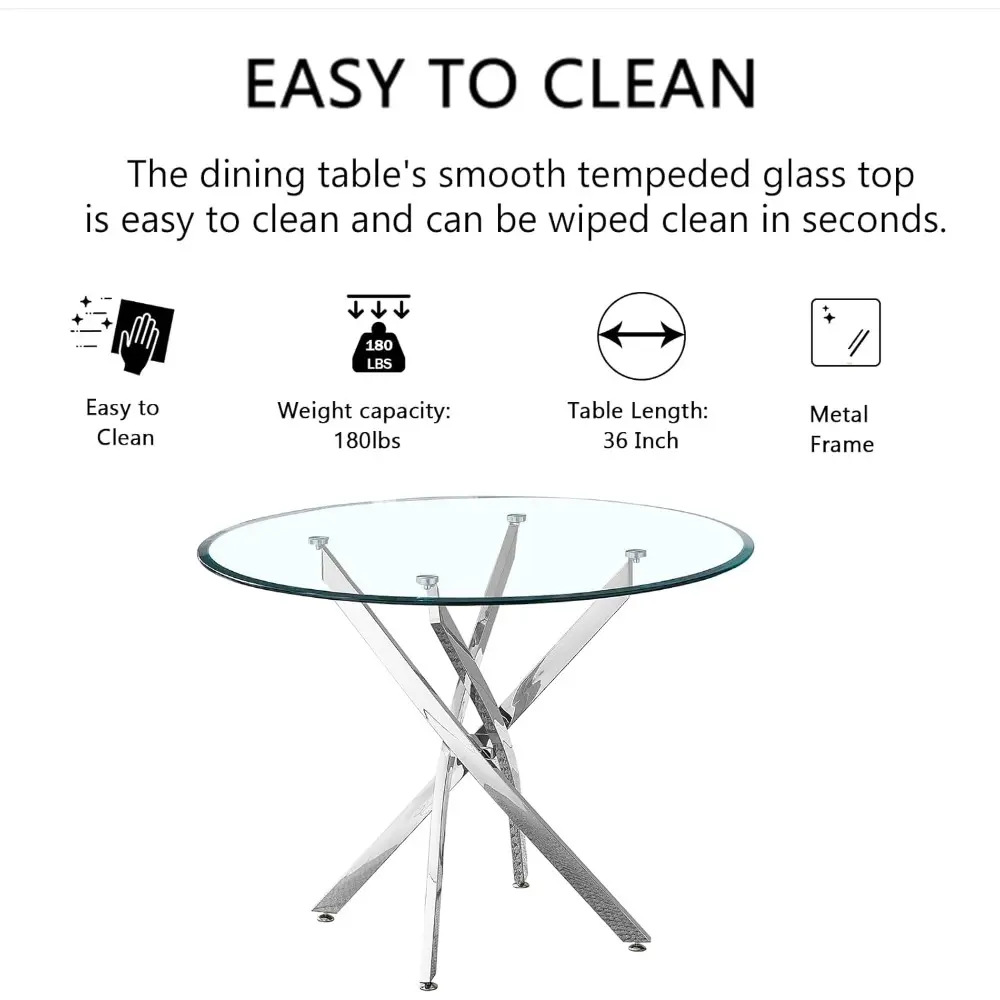 36" Silver Glass Dining Room Table Set for 4, 5-Piece Modern Round Kitchen Dining Table Set with Cross Stainless Steel Legs and