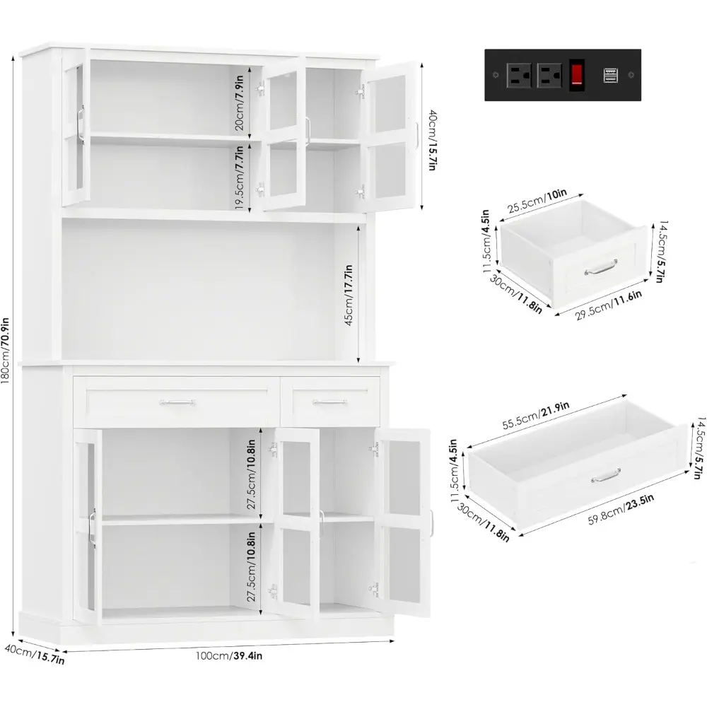 71" Pantry Cabinet with LED Light and Charging Station, Kitchen Pantry Cabinet with Glass Doors and Microwave Stand, Kitchen Ca