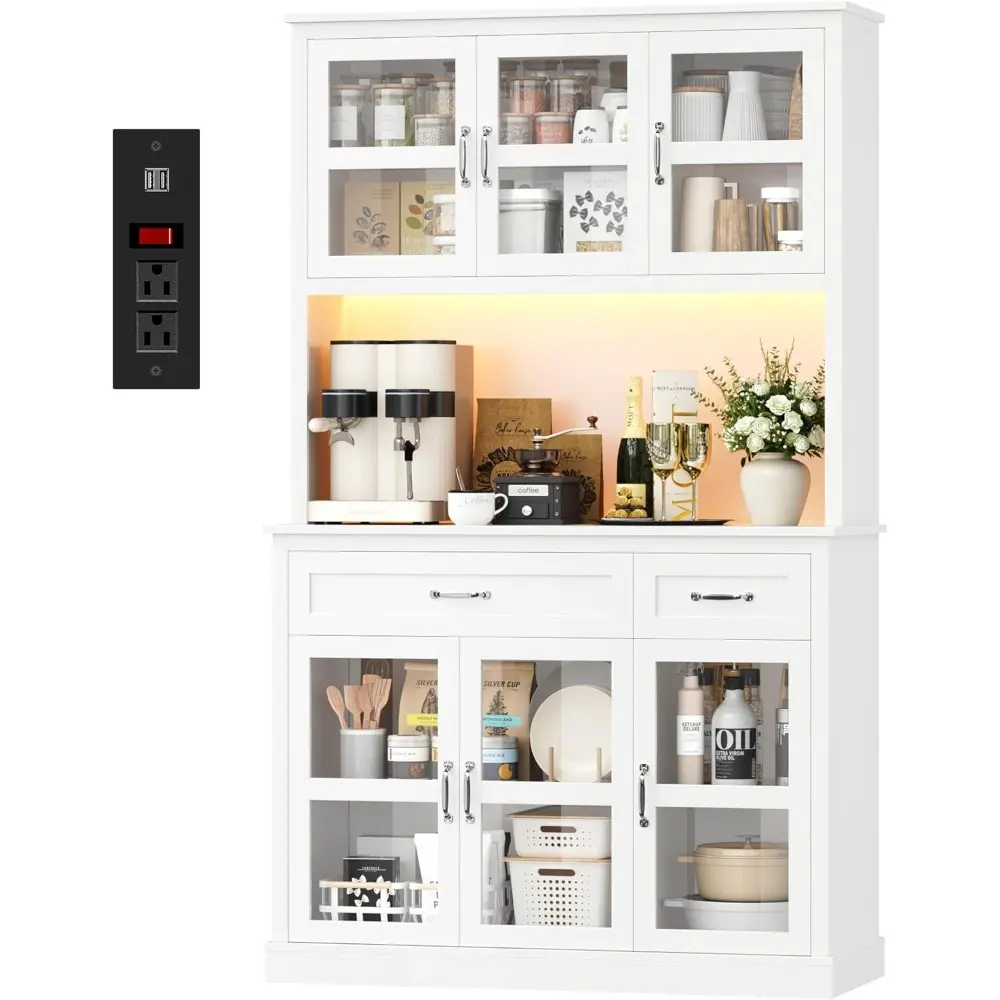 71" Pantry Cabinet with LED Light and Charging Station, Kitchen Pantry Cabinet with Glass Doors and Microwave Stand, Kitchen Ca