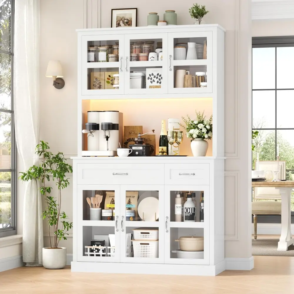 71" Pantry Cabinet with LED Light and Charging Station, Kitchen Pantry Cabinet with Glass Doors and Microwave Stand, Kitchen Ca